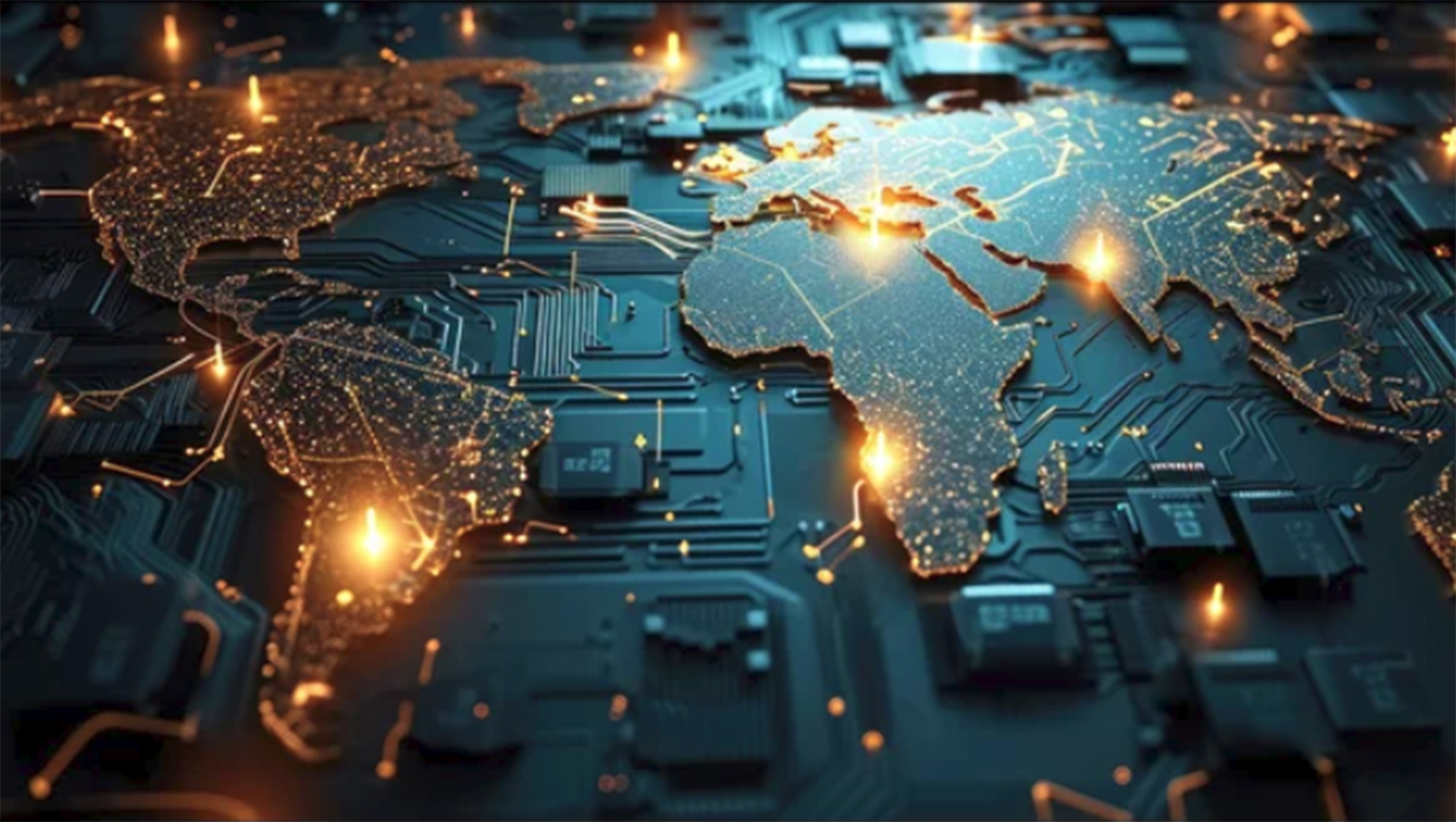 Map of globe imposed over circuitry