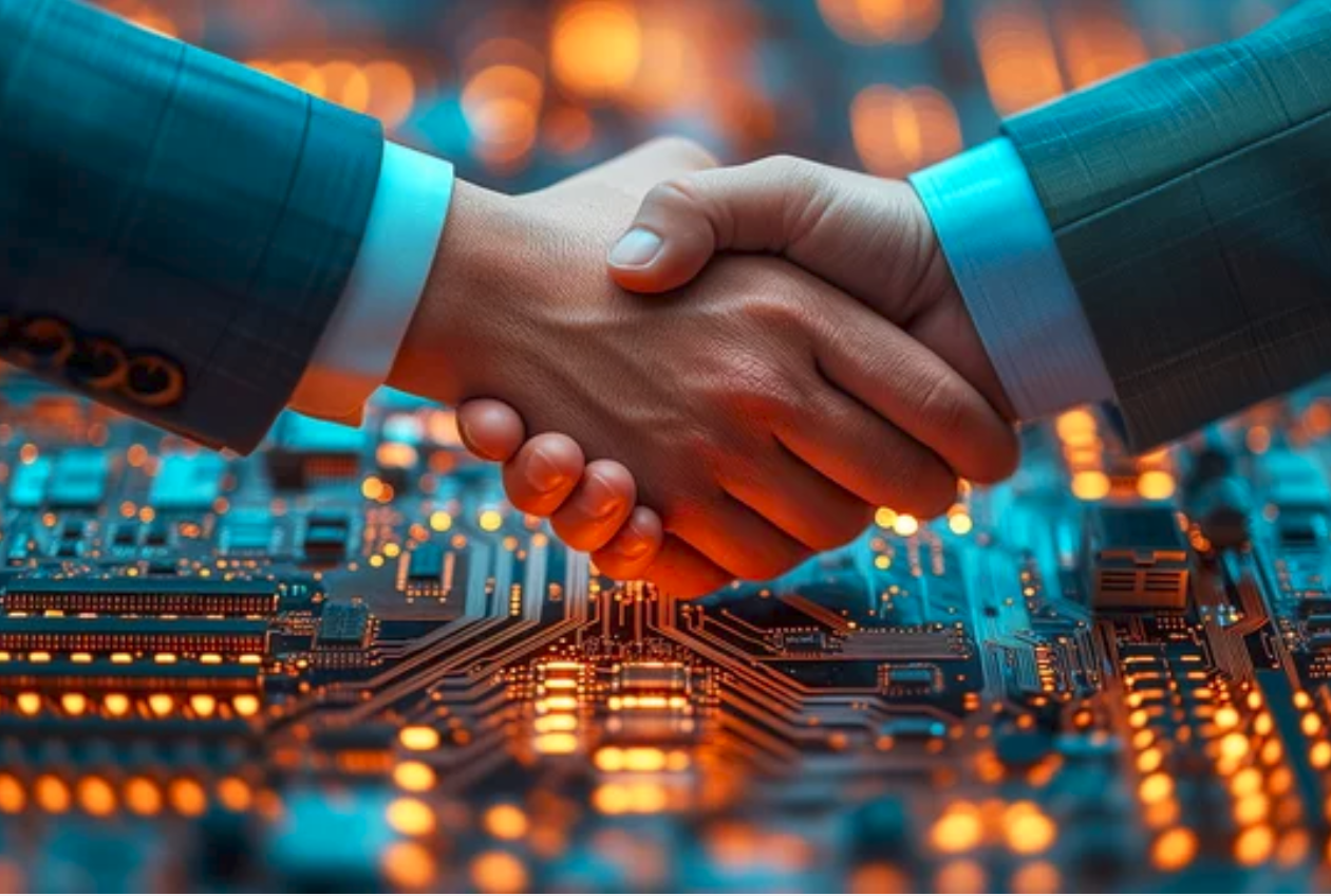 Graphic illustrating partnership shaking hands in front of PCB board